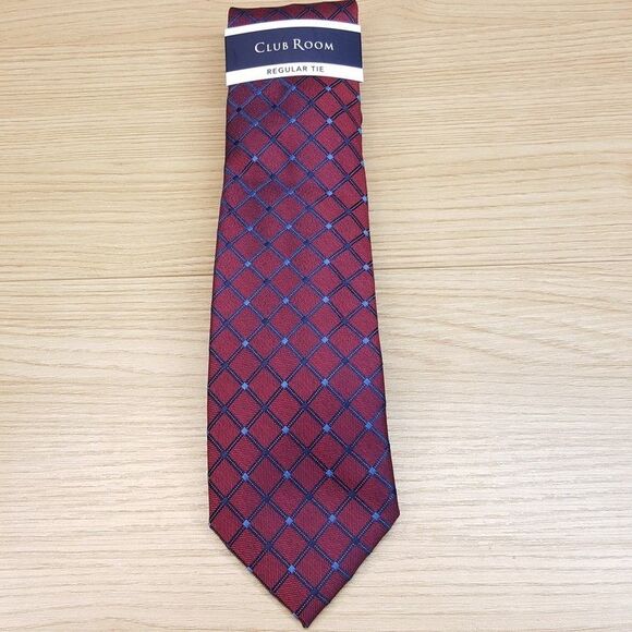 ALFANI Mens Neck Tie Burgundy Blue Diamond Grid Classic Pointed Maroon - Picture 2 of 6